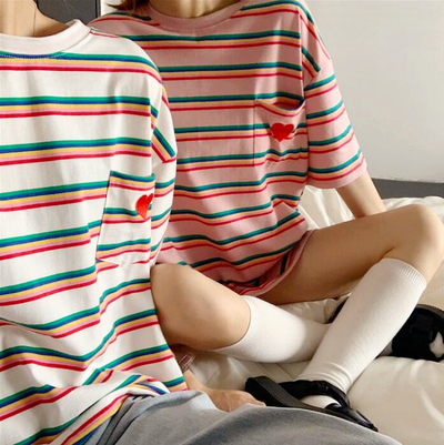 Rainbow Stripe Heart Pocket Oversize Tee 
