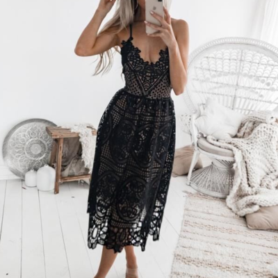 Sling Sexy Lace Solid Color Sleeveless Dress