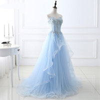 Blue tulle lace long prom dress, blue lace evening dress - Thumbnail 1