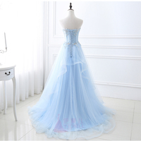Blue tulle lace long prom dress, blue lace evening dress - Thumbnail 2