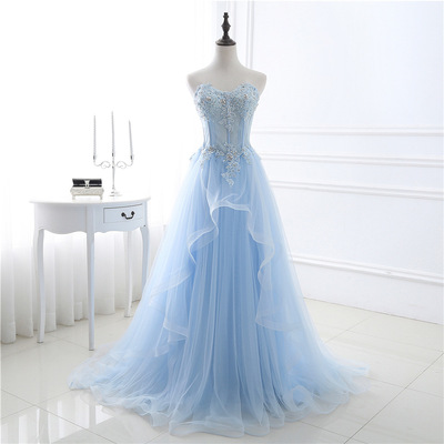 Blue tulle lace long prom dress, blue lace evening dress - Thumbnail 4