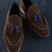 Handmade Chocolate Brown Suede Loafer Slipper Party Dress Men's Fashion Moccasin Tussles Shoes - Thumbnail 1