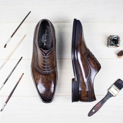 Handmade men's brown color shoes men's brogue lace up leather stylish shoes - Thumbnail 4