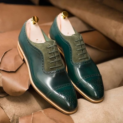Handmade men's green color shoes cap toe brogue lace up leather suede formal shoes - Thumbnail 3