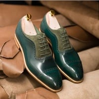 Handmade Men's Green Color Shoes Cap Toe Brogue Lace Up Leather Suede Formal Shoes - Thumbnail 1