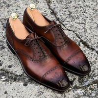 Handmade Men's Brown Black Color Shoes Cap Toe Brogue Leather Lace Up Formal Shoes - Thumbnail 1