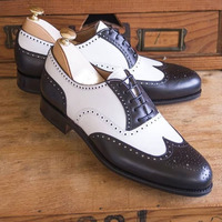 Handmade Men's Dark Brown White Color Shoes Wing Tip Brogue Leather Lace Up Formal Shoes - Thumbnail 1