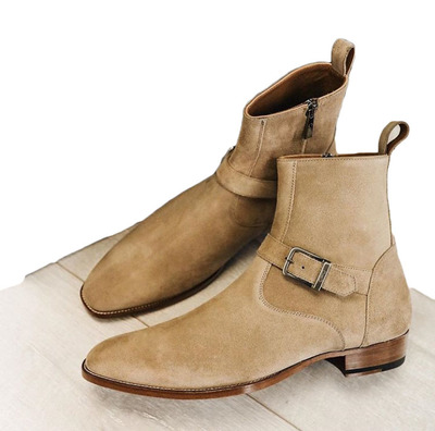 Men's Handmade Beige Ankle High Suede Boot Stylish Side Zipper Jodhpurs Buckle Boot