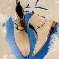 Men's Handmade Beige Ankle High Suede Boot Stylish Side Zipper Jodhpurs Buckle Boot - Thumbnail 1