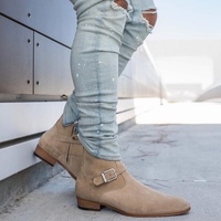 Men's Handmade Beige Ankle High Suede Boot Stylish Side Zipper Jodhpurs Buckle Boot - Thumbnail 2