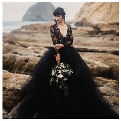V neck long sleeves black wedding dresses with lace - Thumbnail 5