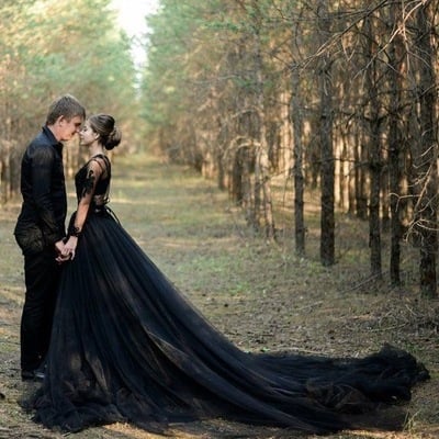 V neck long sleeves black wedding dresses for bridal - Thumbnail 5