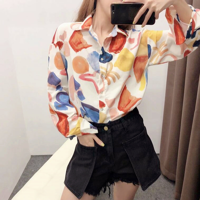 Graffiti print color block long sleeve blouse shirt