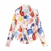Graffiti Print Color Block Long Sleeve Blouse Shirt - Thumbnail 3