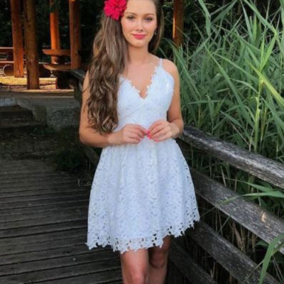 Spaghetti straps v neck lace homecoming dresss - Thumbnail 5