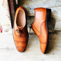 Handmade Oxford Shoe, Tan Cap Toe Shoes, Office Dress Designer Brogue Men Shoes - Thumbnail 1
