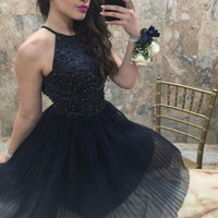 Halter Navy Blue Short Homecoming Dresses with Pearls - Thumbnail 1