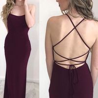 Simple Mermaid Scoop Neck Cross Back Burgundy Satin Long Prom Dresses,Evening Party Dresses - Thumbnail 1