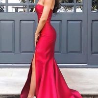 Charming Mermaid Strapless Zipper Back Red Satin Long Prom Dresses with Side Slit,Formal Party Dresses - Thumbnail 2