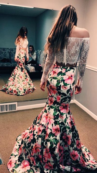 Unique Two Piece Mermaid Off the Shoulder Long Sleeve Floral Printed Long Prom Dresses