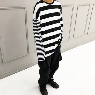 Free shipping-black and white striped long sleeve tee - Thumbnail 3