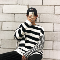 Free Shipping-BLACK AND WHITE STRIPED LONG SLEEVE TEE - Thumbnail 4