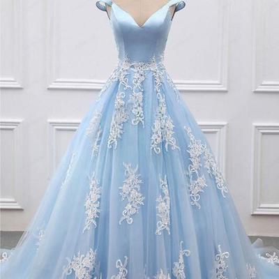 Off the shoulder light blue ball gown prom dress,sexy prom dress with lace appliques - Thumbnail 5