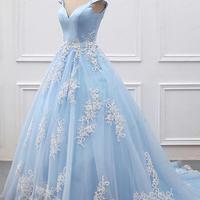 Off The Shoulder Light Blue Ball Gown Prom Dress,Sexy Prom Dress With Lace Appliques - Thumbnail 1