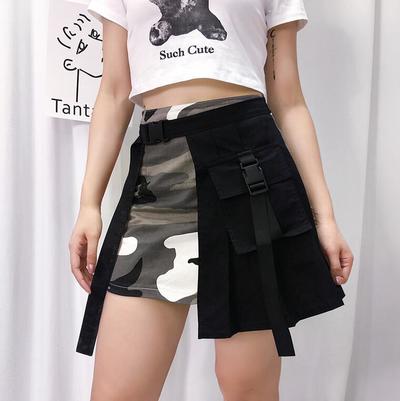 Punk Camouflage Patchwork Buckle Pocket A-line Skirt
