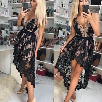 V neck hi low homecoming dresses black lace - Thumbnail 4