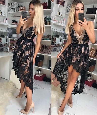 V Neck Hi Low Homecoming Dresses Black Lace