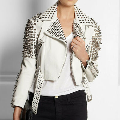Woman full white punk brando spiked studded leather jacket,fashion biker jacket  studded jacket made with 100 % genuine top quality cowhide leather