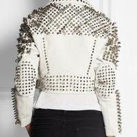 Woman Full White Punk Brando Spiked Studded Leather Jacket,Fashion Biker Jacket  Studded Jacket made with 100 % Genuine Top Quality Cowhide Leather  - Thumbnail 1