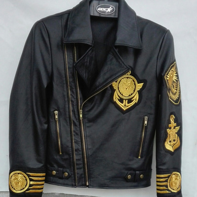 Men's new h&m embroidery patches golden black brando style leather jacket - Thumbnail 5