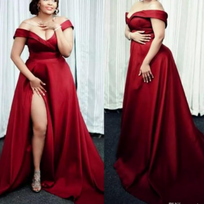 Plus size dark red off the shoulder split side prom dresses - Thumbnail 5