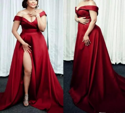 Plus Size Dark Red Off the Shoulder Split Side Prom Dresses
