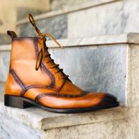 Handmade Men's Cognac Two tone Boot Dress Brown Leather Wing Tip Chelsea Boots - Thumbnail 3