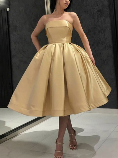 A-Line Strapless Open Back Gold Blue Satin Short Prom Dresses with Pockets,Charming Cocktail Party Dresses
