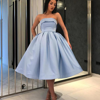 A-Line Strapless Open Back Gold Blue Satin Short Prom Dresses with Pockets,Charming Cocktail Party Dresses - Thumbnail 1