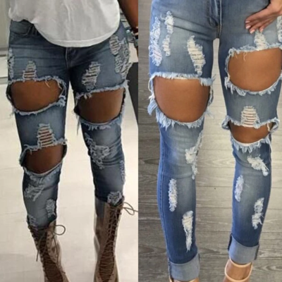 Fashion sexy ripped holes denim skinny pants