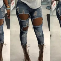 Fashion Sexy Ripped Holes Denim Skinny Pants - Thumbnail 1