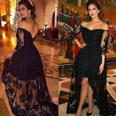 Half sleeves off the shoulder lace black hi low prom dresses - Thumbnail 4