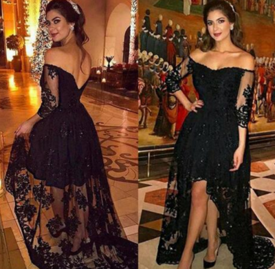 Half Sleeves Off the Shoulder Lace Black Hi low Prom Dresses