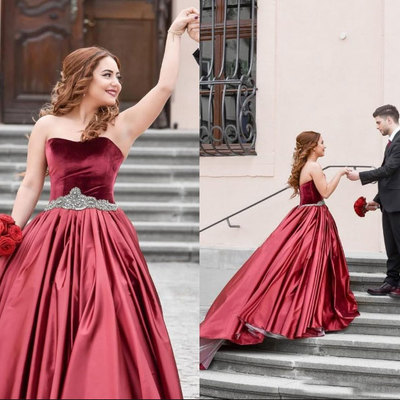 Strapless long prom dresses birthday dresses waist with rhinestone - Thumbnail 5