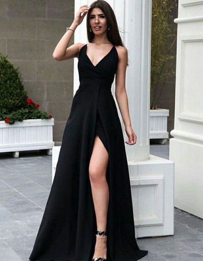 Strapls Split Side Black Long Prom Dresses Under 100