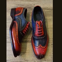 Handmade Men's Burgundy Navy Blue Color Shoes Wing Tip Brogue Leather Lace Up Formal Shoes - Thumbnail 1
