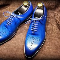 Handmade Men's Blue Color Shoes Derby Brogue Leather Lace Up Formal Shoes - Thumbnail 1