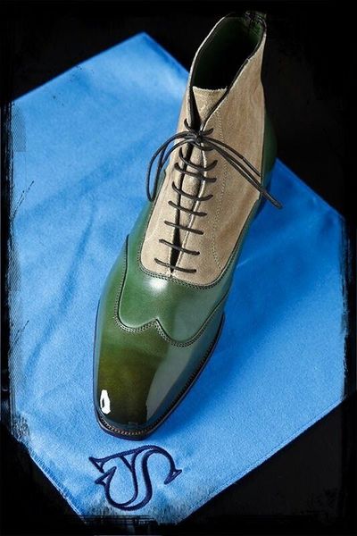 Handmade Men's Green Beige Boot Dress Suede Leather Wing Tip Lace Up Boot