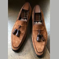 Handmade Light Brown Color Suede Loafer Slipper Party Dress Men's Fashion Moccasin Tussles Shoes - Thumbnail 1