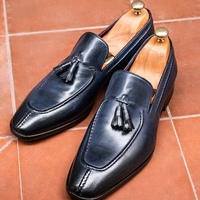 Handmade Navy Blue Color Leather Loafer Slipper Split Toe Dress Men's Fashion Moccasin Tussles Shoes - Thumbnail 1